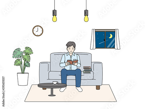 リビングで読書をする男性のイラスト