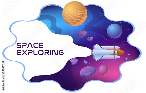 Concept of space exploring. Shuttle rocket flying in space with planets and asteroids. Astronomy science. Cartoon flat vector illustration isolated on white background