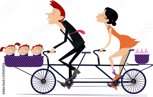 Caucasian man, woman and three babies ride on the tandem bike illustration. Happy man and woman ride a bike with three babies and infant food in the baskets isolated on white