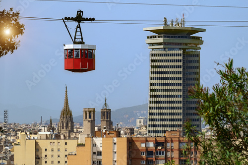 Canvas Print Red cable cabin over Barcelona city, Spain