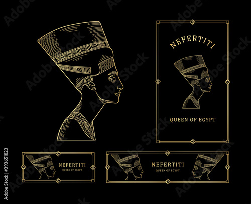 Nefertiti Queen of Egypt Line Art Gold color with Gold Frame set