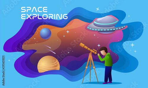 Concept of space exploring. Astronomer with telescope exploring night sky with planets, stars and UFO. Astronomy science. Cartoon flat vector illustration