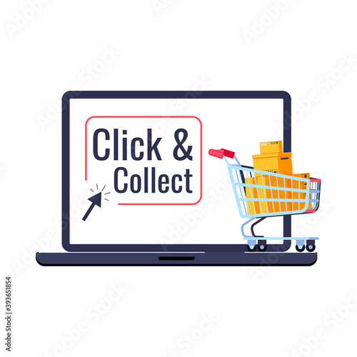 Click and collect retail delivery icon isolated on white background. Supermarket trolley cart with parcels box on laptop button click & collect and arrow. Flat cartoon buy and pick vector illustration