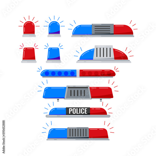Police car light flashers vector icon set isolated on white background. Red and blue color alert flashing lights in flat cartoon style. Siren police rescue or ambulance light illustration. 