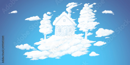 illustration of a white cottage made of clouds, with trees from the clouds and terrain. Airy, imaginary house, flying in the sky.