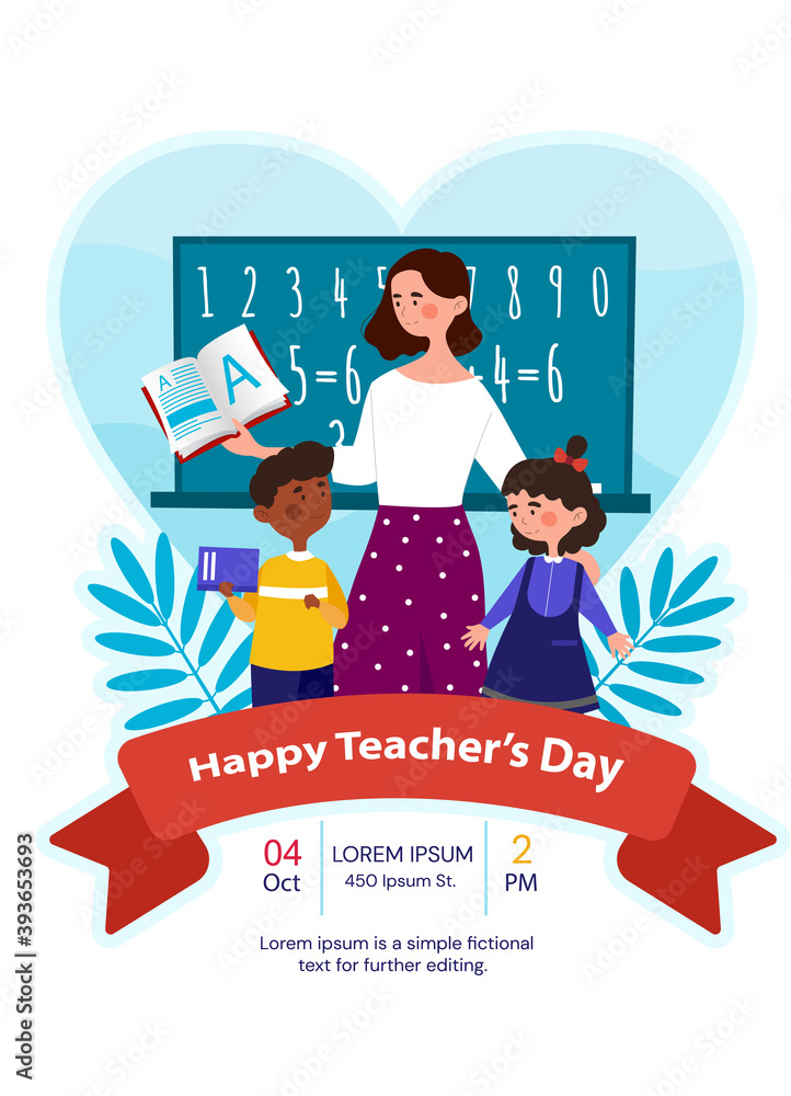 Happy teachers day concept. Woman teacher and diverse pupils, students on school board background. Banner, greeting card, postcard, poster template or layout. Flat cartoon vector illustration Stock Vector | Adobe Stock Happy teachers day concept. Woman teacher and diverse pupils, students on school board background. Banner, greeting card, postcard, poster template or layout. Flat cartoon vector illustration Stock Vector | Adobe Stock