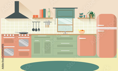 Retro kitchen interior background.  Kitchen set and appliances in retro style. The pink refrigerator. Kitchen room with shelves, window and hood. Kitchen utensils. Vector flat illustration.