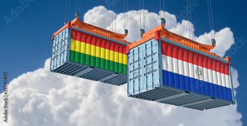 Freight containers with Paraguay and Bolivia national flags. 3D Rendering 