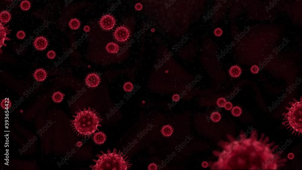 3D microscope view simulation of coronavirus multiplying in red. 3D microscope view simulation of coronavirus multiplying in red.