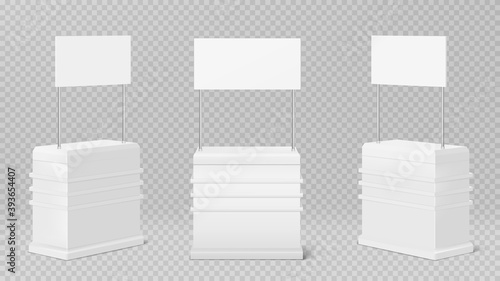 Promotion counter table, promo kiosk isolated on transparent background. Vector realistic mockup of blank retail trade stand with banner, white sale or exhibition booth for presentation product