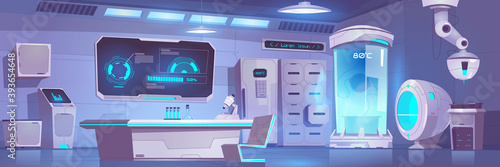 Cryonics laboratory empty interior with equipment and technics, cryo camera with low temperature regime, digital screen with graphs, desk with microscope and glass flasks, Cartoon vector illustration