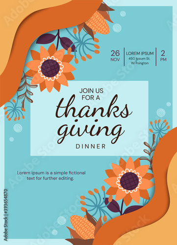 Happy Thanksgiving Day dinner. Flat invitation, banner, template, greeting card, postcard, poster. Autumn holiday, event Cartoon floral vector illustration background