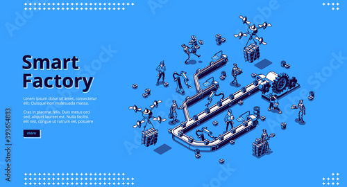 Smart factory isometric landing page, conveyor belt workflow. People and robots hands work on assemble line, drones and cyborgs deliver production. Automation process 3d vector line art web banner