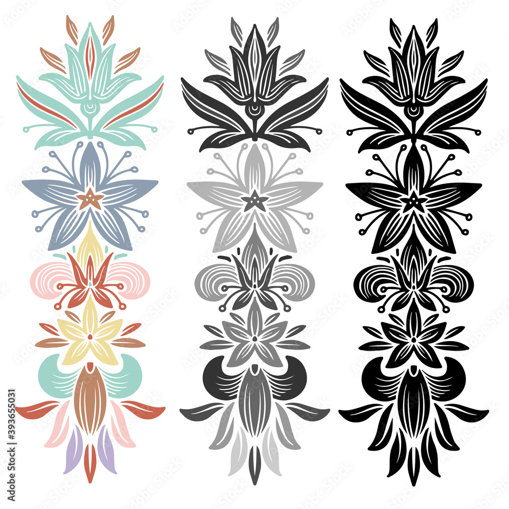 Modern isolated set of black and white and colorful illustrations design ornament of lined flower