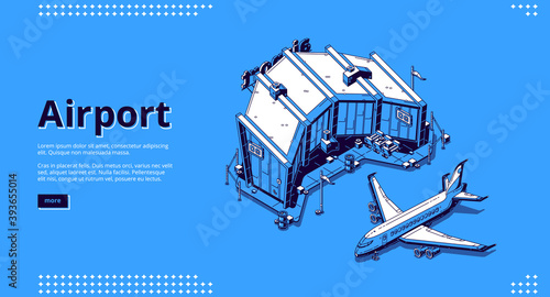 Airport terminal and airplane. Isometric illustration of plane, aerodrome and terminal building. Vector landing page of flight concept, passenger and baggage transport, international travel