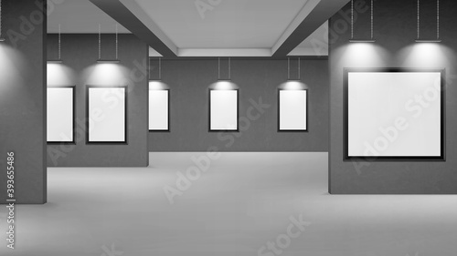 Empty gallery with blank picture frames illuminated by spotlights. Vector realistic interior of museum or studio room with white posters in black frames and lamps. Template for artwork exhibition