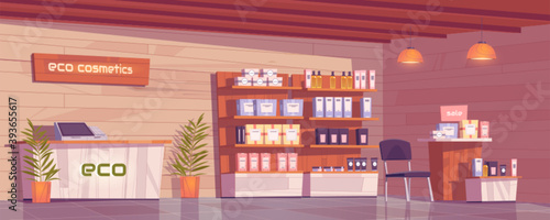 Eco cosmetics shop with natural products for makeup, skincare and perfume in showcase. Vector cartoon interior of beauty store with cashbox on counter, goods on wooden shelves and plants