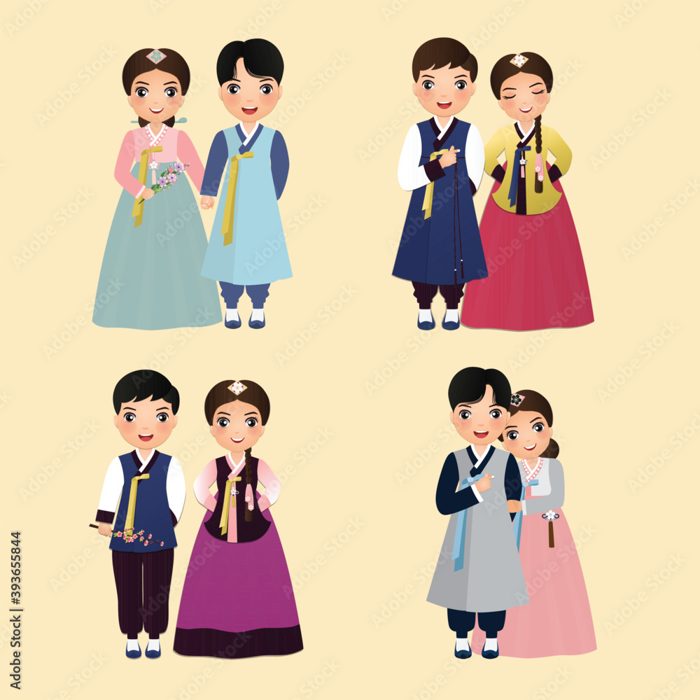 Set of cartoon characters Cute couple in traditional hanbok dress of ...