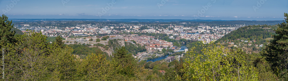 Besançon, France - 09 05 2020: Panoramic view of the city and the citadel walls from the Belvedere of Monfaucon