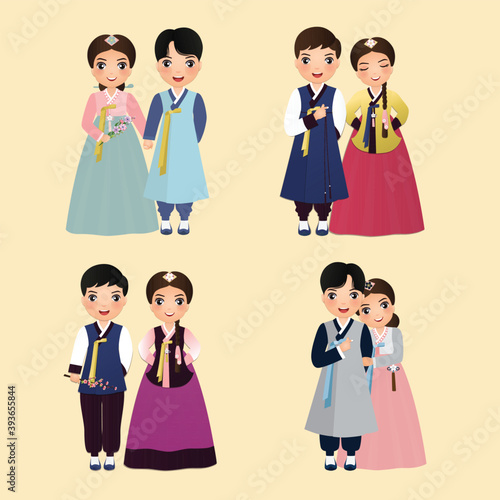 Set of cartoon characters Cute couple in traditional hanbok dress of South Korea bride and groom.Wedding invitations card.