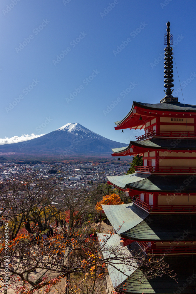 View of Fuji mountain in front of a pagoda (Japon)