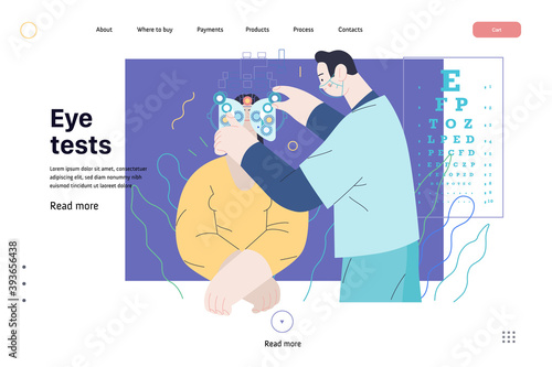 Medical tests template - c -modern flat vector concept digital illustration of eye test procedure -a female patient and a doctors with phoropter, ophthalmologic office