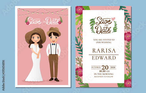  Wedding invitation card the bride and groom cute couple cartoon character.Vector illustration