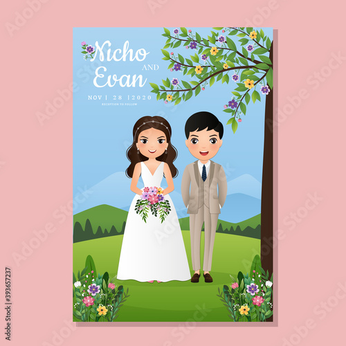  Wedding invitation card the bride and groom cute couple cartoon with Landscape beautiful background 