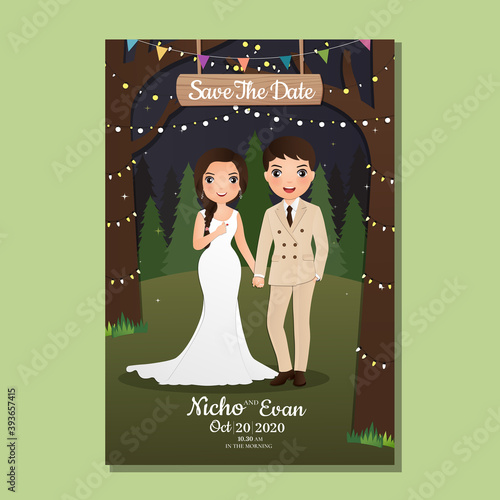  Wedding invitation card the bride and groom cute couple cartoon with Landscape beautiful background 