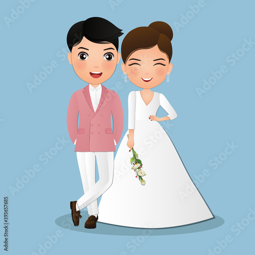  Wedding invitation card the bride and groom cute couple cartoon character.Colorful vector illustration for event celebration 