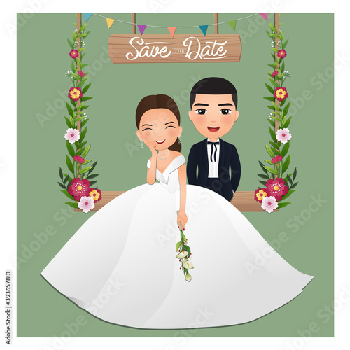  Wedding invitation card the bride and groom cute couple cartoon character sitting on swing decorated with flowers