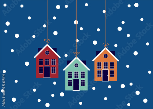 Christmas Card Design Vector Illustration   Cute Houses at Night in a Village  Countryside hanging as cookies