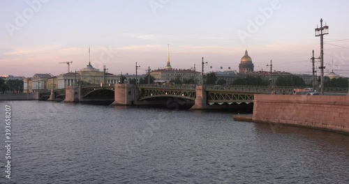 4K sunrise video of beautiful architecture of Saint Petersburg city center, Admiralteystvo Admiralty (Navy headquarters) historical building near Saint Isaac's Cathedral, Neva River embankment, Russia