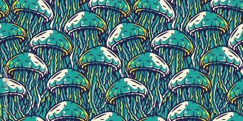 Colored seamless pattern wallpaper with jellyfish. Underwater animals, west coast, wild ocean life for marine design