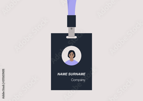 ID badge template, conference accessories, modern corporate culture, a portrait of a young female character