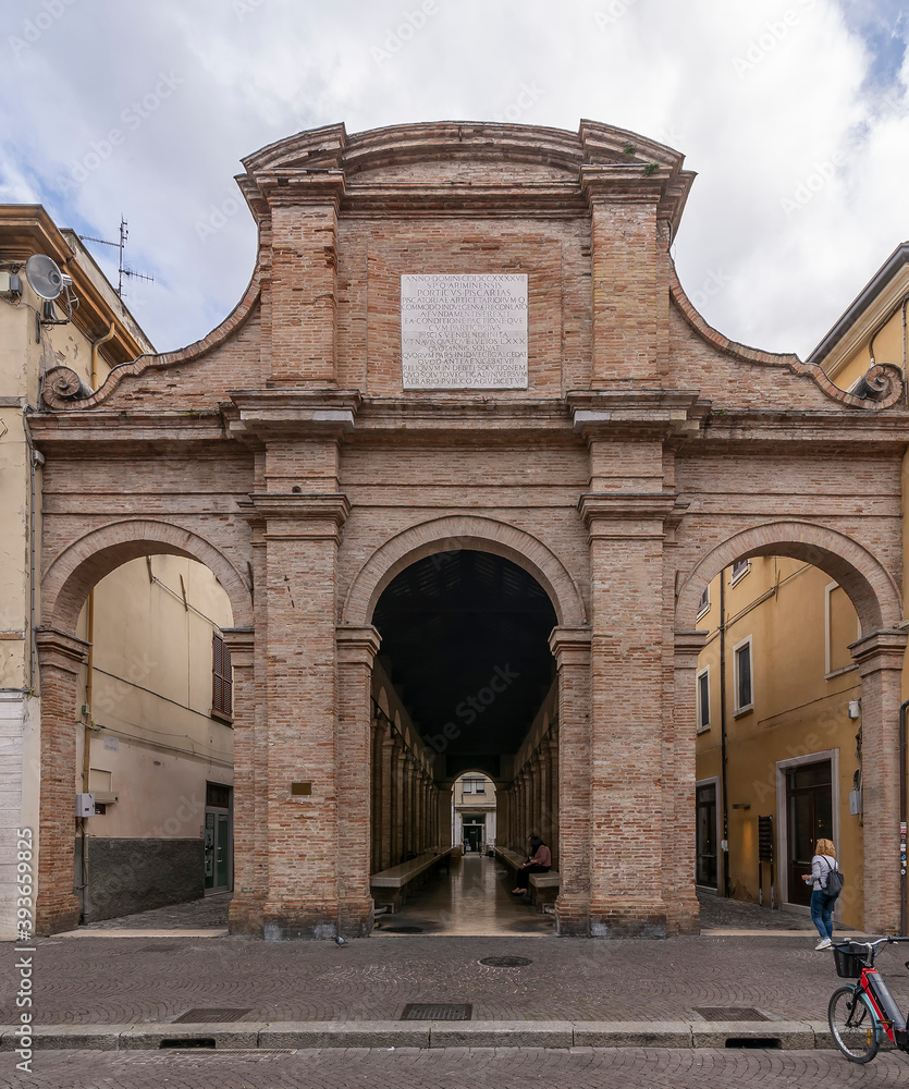 Fototapeta premium The entrance portal to the ancient fish market in the historic center of Rimini, Italy