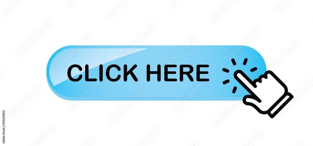Click here button with hand clicking icon. 3d shiny style vector. Click here button with hand clicking icon. 3d shiny style vector.