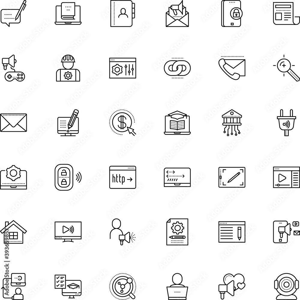 internet vector icon set such as: widescreen, stay home, connect, cell, remote, directory, blue, lock, workplace, stream, hard hat, copywriting, rank, chart, controller, speak, register, programming