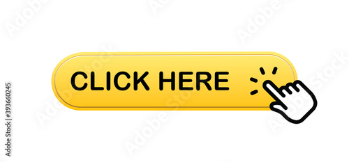 Click here button with hand clicking icon. 3d shiny style vector.