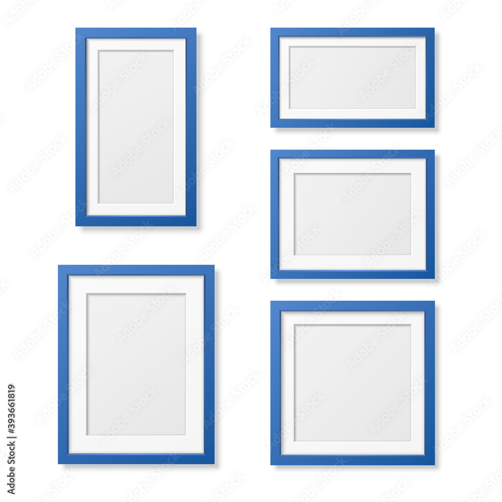Vector 3D Reaistic Wooden or Plastic Simple Modern Minimalistic Blue Picture Frame Set Isolated on White Background. Design Template for Mockup, Presentations, Art Projects and Photos Vector 3D Reaistic Wooden or Plastic Simple Modern Minimalistic Blue Picture Frame Set Isolated on White Background. Design Template for Mockup, Presentations, Art Projects and Photos