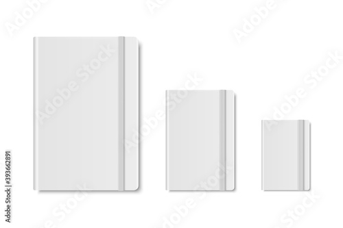 Vector 3d Realistic White Closed Blank Paper Notebook Set Isolated on White Background. A4, A5, A6, A7. Design Template of Copybook with Elastic Band for Mockup, Advertise, Logo Print. Front. Top View