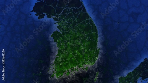 Map of South Korea. View from space. Shimmering cities and villages. An ecologically beautiful world