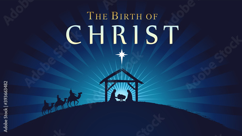 The birth of Christ, Christmas scene of baby Jesus in the manger. Holy family, three wise kings and star of Bethlehem, banner design. Vector Nativity illustration with silhouette Mary and Joseph