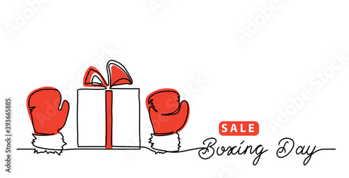 Boxing day sale concept, banner, background with giftbox and red gloves, mitten. One line drawing art illustration with lettering boxing day.