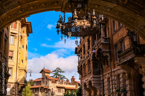 Chandelier of Arco dei Palazzi degli Ambasciatori - Quartiere Coppedè - Architectureal fantasy quarter of Rome, Italy.