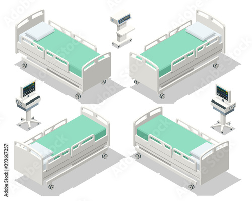 Isometric Hospital Bed isolated. Empty Bed On Hospital Ward