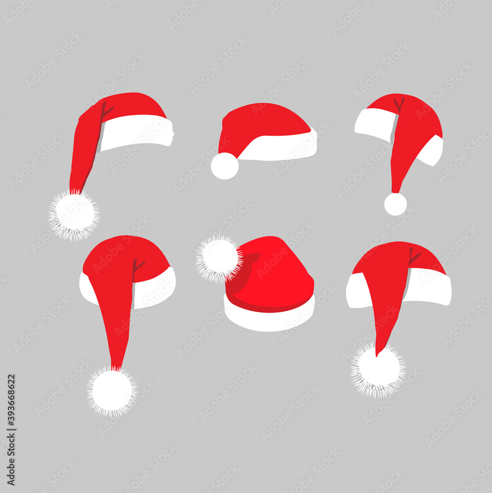 Set of red santa hats isolated on light background Set of red santa hats isolated on light background