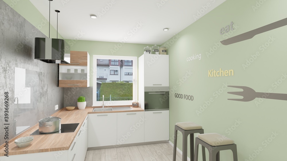 Küche 3D-Illustration Inneneinrichtung Rendering Wohnung Küche 3D-Illustration Inneneinrichtung Rendering Wohnung
