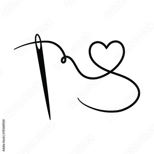 Heart with a needle thread. Vector illustration isolated on white.