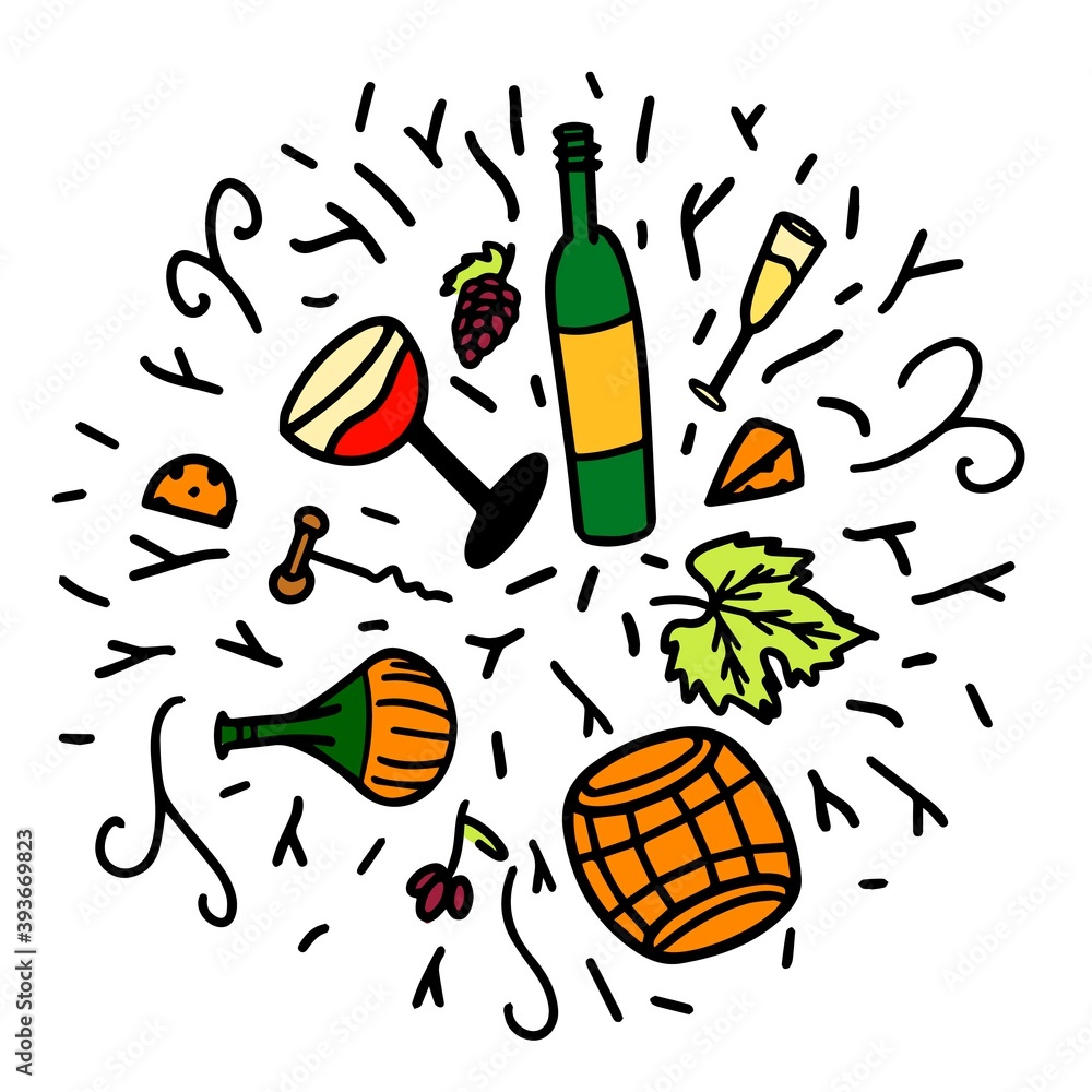 Wine set illustration in doodle style. Hand drawn sketch wine icons ...